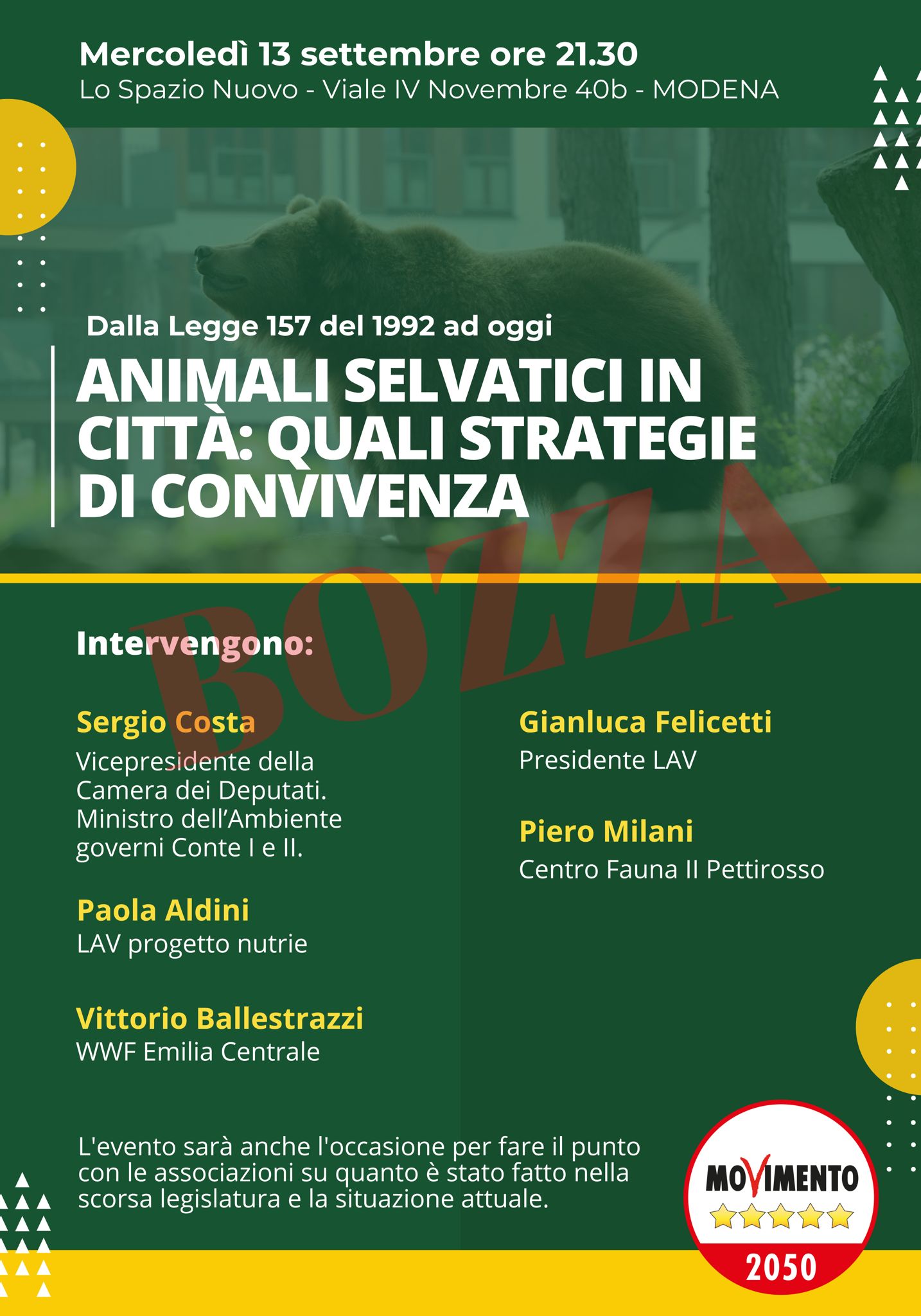 13 Settembre  – Animali selvatici in citta’: quali strategie di convivenza